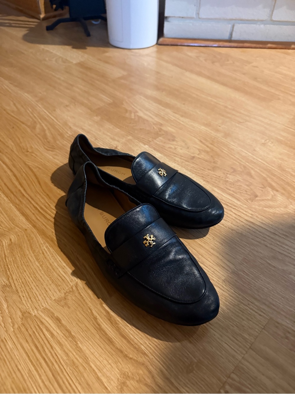 Tory Burch Black Leather Penny Loafers with Gold Accent